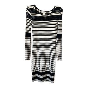 Cache Women's Bodycon Striped Dress Sz M Black White Crochet Chest Sleeves Chic